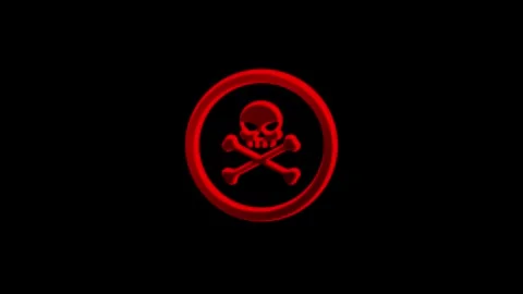 Red Circle with 3D Red Skull and Crossbones Symbol on Black Background dang.. Stock Footage 330347873