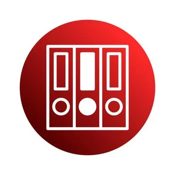 Red circle background with a white outline drawing of three ring binders ic.. Stock Illustration