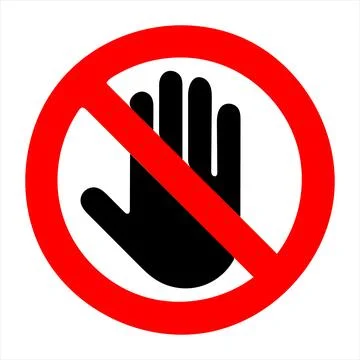 Red circle with black hand and diagonal line prohibition sign no symbol Stock Illustration