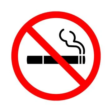 Red circle with diagonal line and black cigarette with smoke no smoking sig.. Stock Illustration