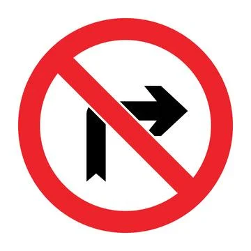 Red circle with diagonal line and black arrow pointing right no right turn Stock Illustration