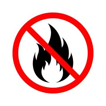 Red circle with diagonal line over black flame symbol no fire ban Stock Illustration
