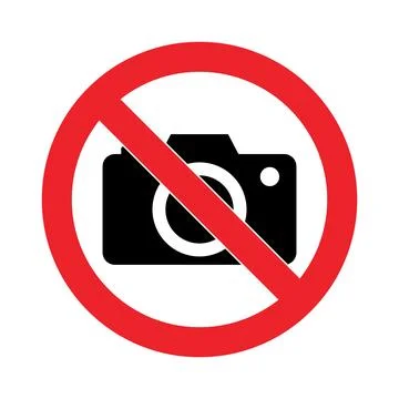 Red circle with diagonal line over black camera icon no photography symbol .. Stock Illustration