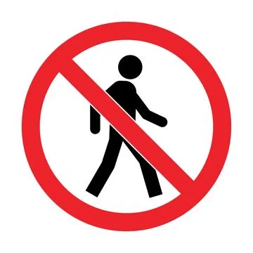 Red circle with diagonal line over black pedestrian symbol no walking allow.. Stock Illustration