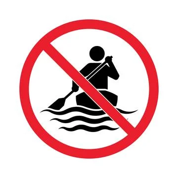 Red circle with diagonal line over black silhouette of person in canoe on w.. Illustrazione stock