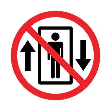 Red circle with diagonal line over elevator symbol and directional arrows n.. Stock Illustration