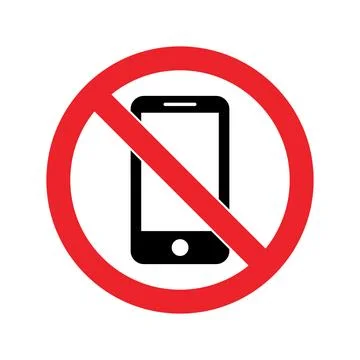 Red circle with diagonal line over black smartphone icon no cell phone sign.. Stock Illustration