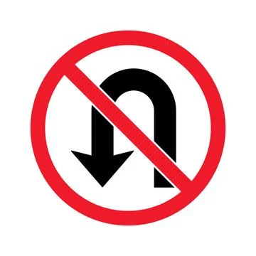 Red circle with diagonal slash over black U-turn arrow pointing down no u-t.. Stock Illustration