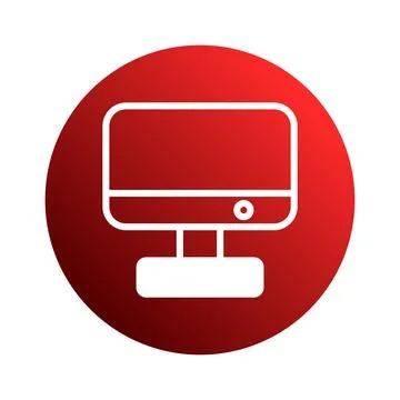 Red circle featuring a minimalist white computer monitor icon suggesting te.. Stock-Illustration