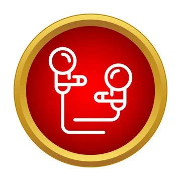 Red circle icon featuring wired in ear headphones Stock Illustration