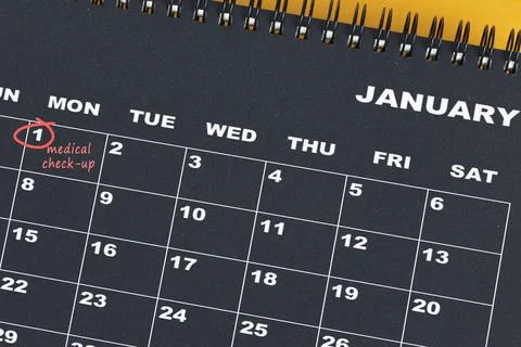 Red circle mark on the calendar at 1 for reminder of medical check up. Stock Photos