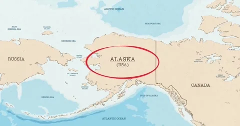 Red circle marking to alaska territory of the USA on a vintage political map Stock Footage 339033122