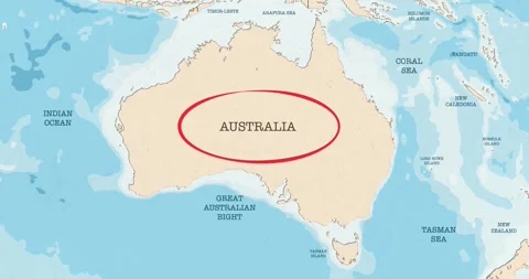 A red circle marking to australia on a vintage political map Stock Footage 337432852