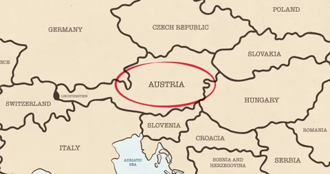 A red circle marking to austria on a vintage political map Video stock 337432856