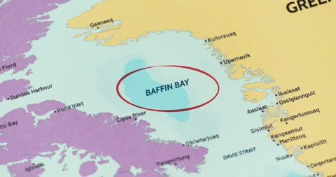 Red circle marking the baffin bay region on a modern political world map Vídeos de archivo 348178006