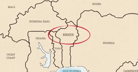 A red circle marking to benin on a vintage political map Video stock 337432872