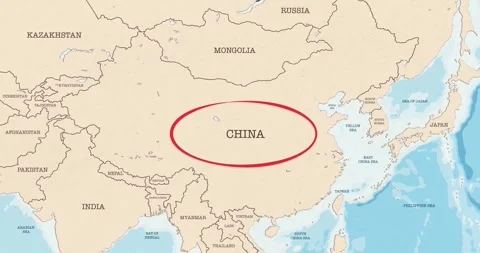 A red circle marking to china on a vintage political map Video stock 337432900