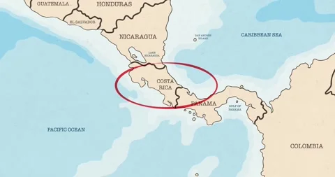 A red circle marking to costa rica on a vintage political map 스톡 동영상 337432904