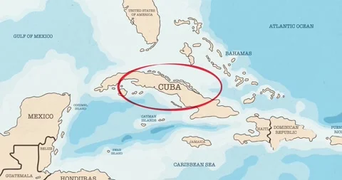 A red circle marking to cuba on a vintage political map Video stock 337432906