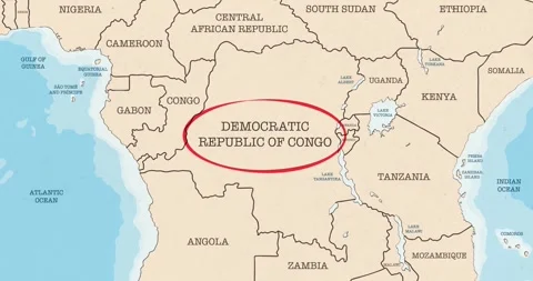 A red circle marking to democratic republic of congo republic on a vintage map Video stock 337432911