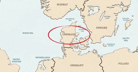 A red circle marking to denmark on a vintage political map Video stock 337432909