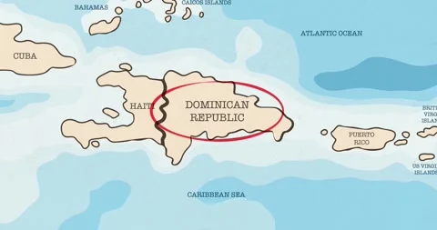 A red circle marking to dominican republic on a vintage political map Video stock 337432913