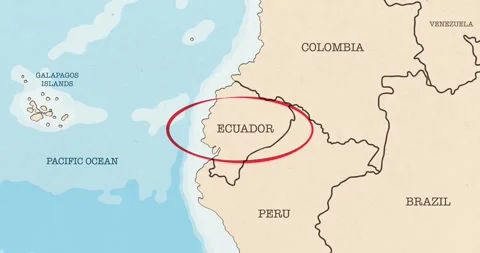 A red circle marking to ecuador on a vintage political map Stockbeeldmateriaal 337432914