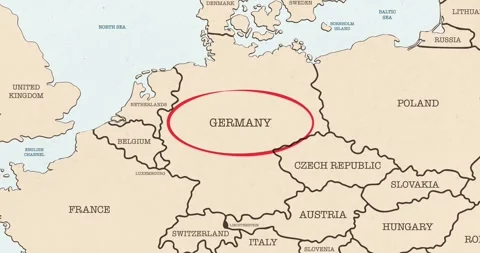 A red circle marking to germany on a vintage political map Vídeos de archivo 337432945