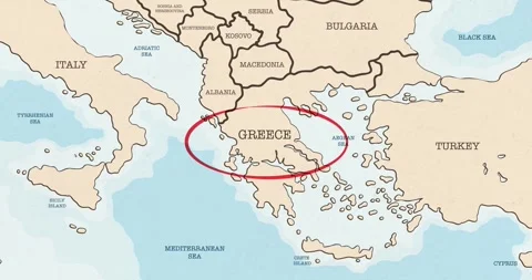 A red circle marking to greece on a vintage political map Video stock 337432948