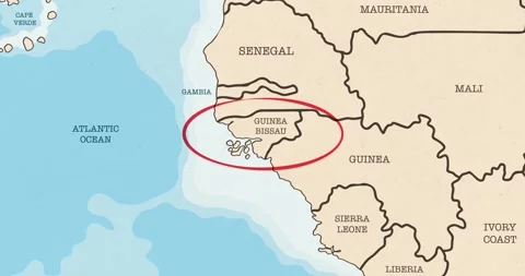 A red circle marking to guinea bissau on a vintage political map Video stock 337432952
