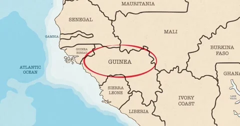 A red circle marking to guinea on a vintage political map Stockbeeldmateriaal 337432954