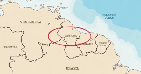A red circle marking to guyana on a vintage political map Video stock 337432957