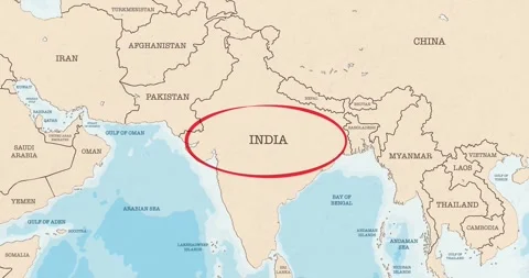 A red circle marking to India on a vintage political map Video stock 337432964