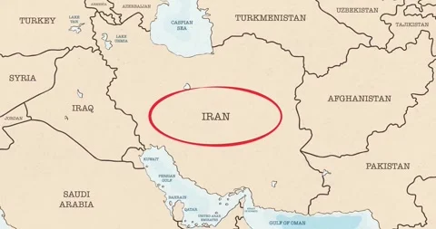 A red circle marking to Iran on a vintage political map Video stock 337432966