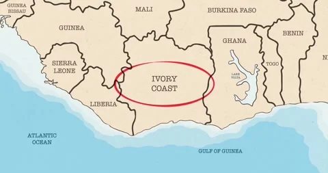 A red circle marking to Ivory coast on a vintage political map Vídeos de archivo 337432972
