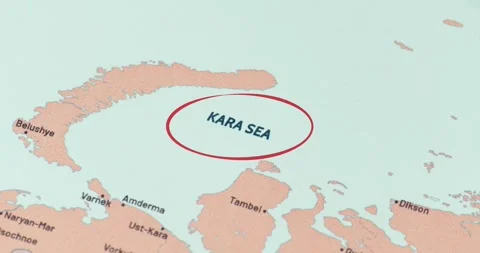 Red circle marking the kara sea region on a modern political world map Stockbeeldmateriaal 348178266