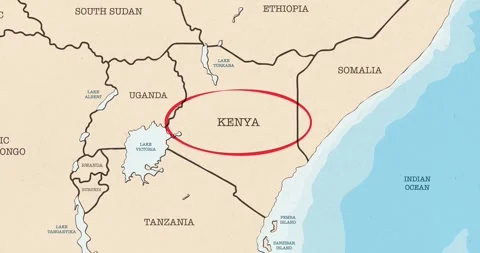 A red circle marking to kenya on a vintage political map Stockbeeldmateriaal 337432979