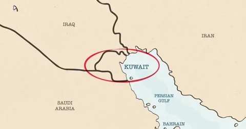 A red circle marking to kuwait on a vintage political map Vídeos de archivo 337432982