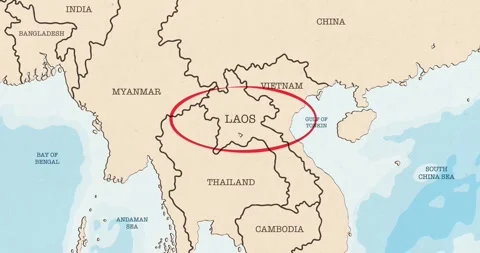 A red circle marking to laos on a vintage political map 스톡 동영상 337432983