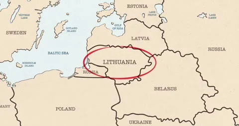 A red circle marking to lithuania on a vintage political map Stock Footage 337432993