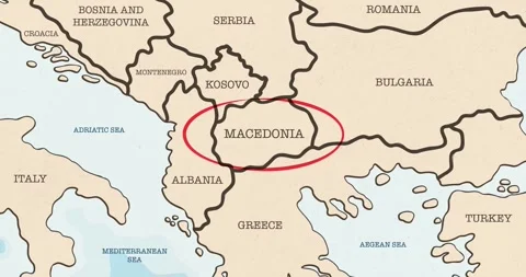 A red circle marking to macedonia on a vintage political map Video stock 337432995