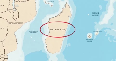A red circle marking to madagascar on a vintage political map Stockbeeldmateriaal 337432996