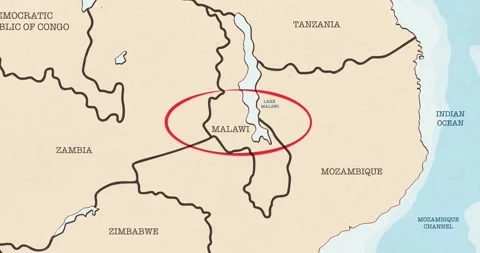 A red circle marking to malawi on a vintage political map Video stock 337432936