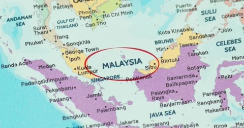 Red circle marking to malaysia on a modern political world map Vídeo Stock 348178666
