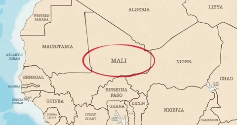 A red circle marking to mali on a vintage political map Video stock 337432999