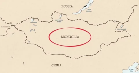A red circle marking to mongolia on a vintage political map Video stock 337433013