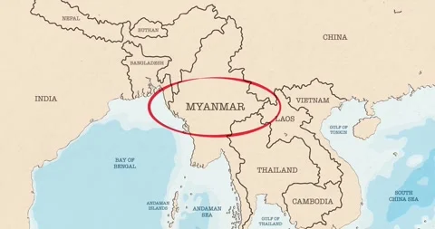 A red circle marking to myanmar on a vintage political map Video stock 337433023