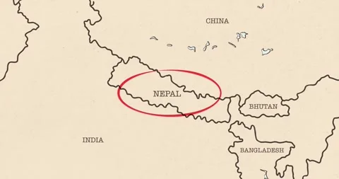A red circle marking to nepal on a vintage political map Video stock 337433032