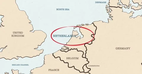 A red circle marking to netherlands on a vintage political map Video stock 337433033