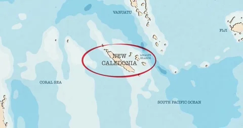 A red circle marking to new caledonia on a vintage political map Video stock 337433030